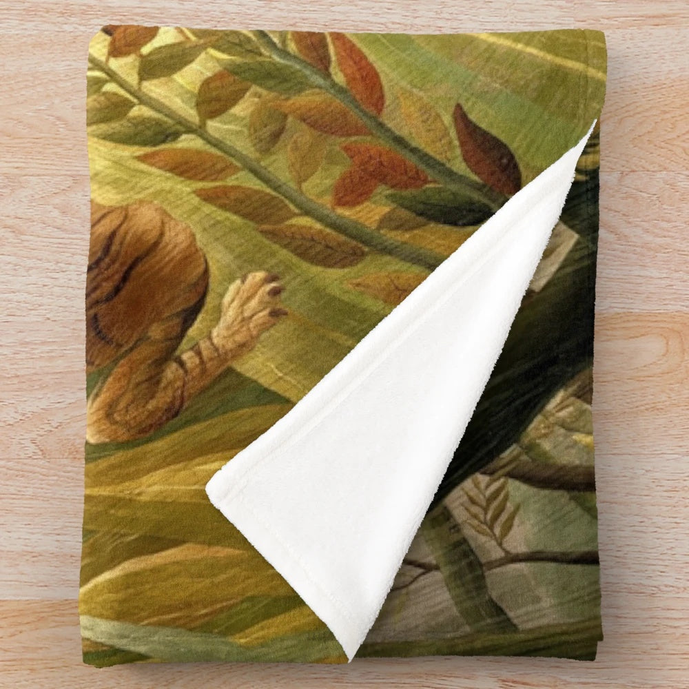 Lush tropical plush blanket featuring a tiger in a jungle scene inspired by Henri Rousseau's famous painting