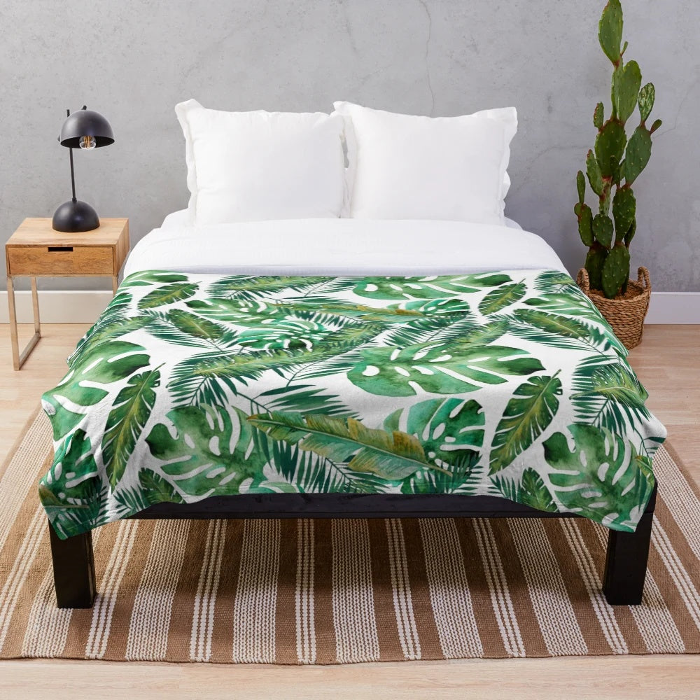 Tropical Monstera Banana Palm Leaf Plush Blanket