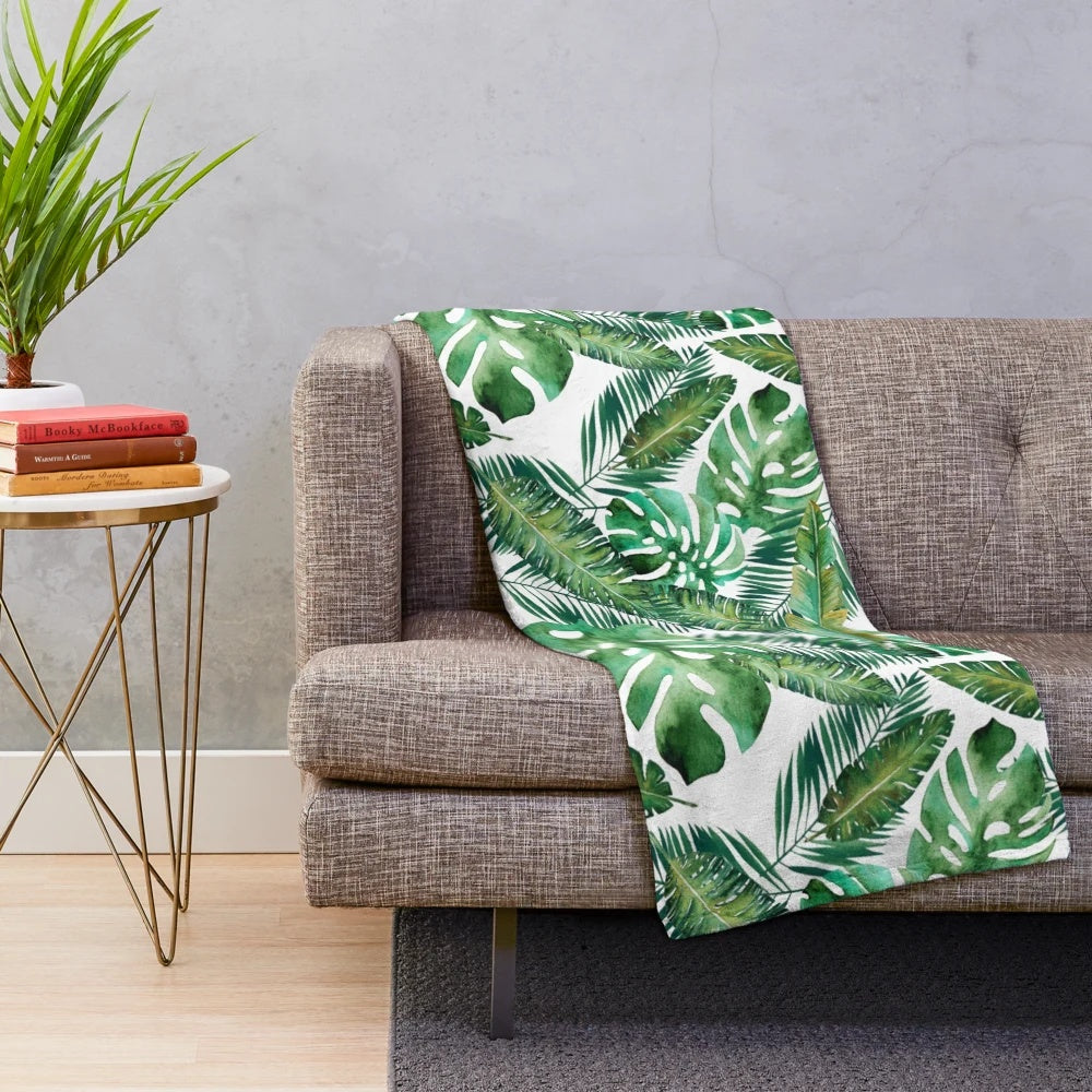 Tropical Monstera Banana Palm Leaf Plush Blanket