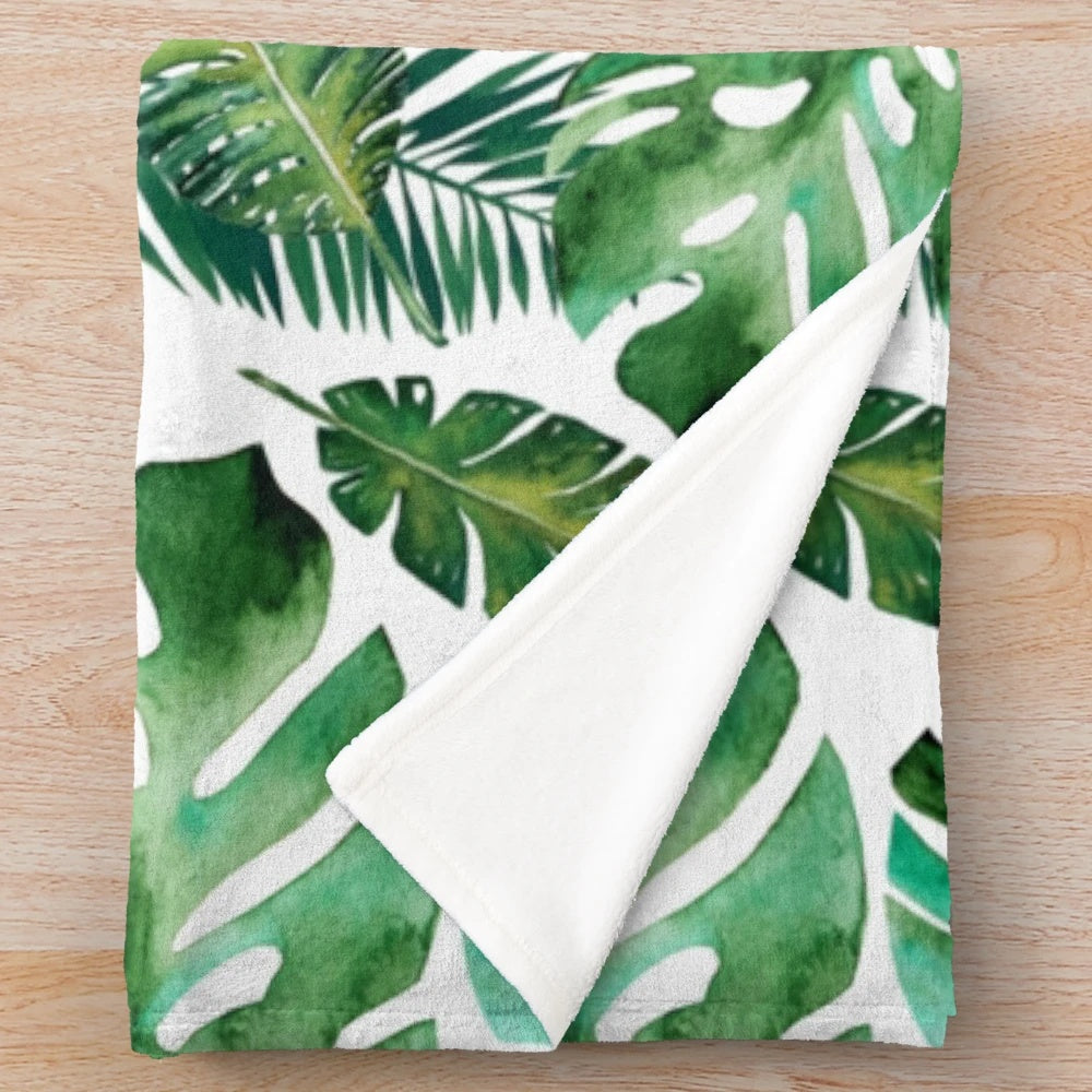 Tropical Monstera Banana Palm Leaf Plush Blanket