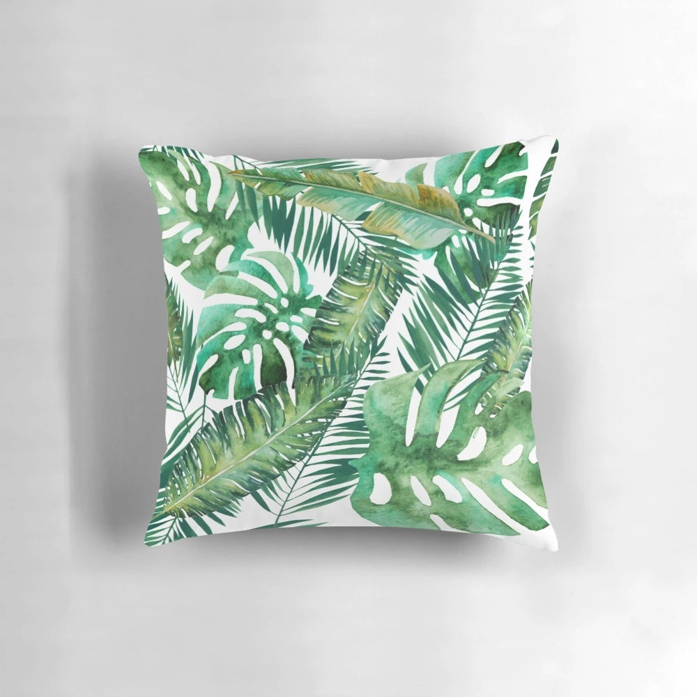 Tropical Monstera and Palm Leaf Pillow for Botanical Home Decor