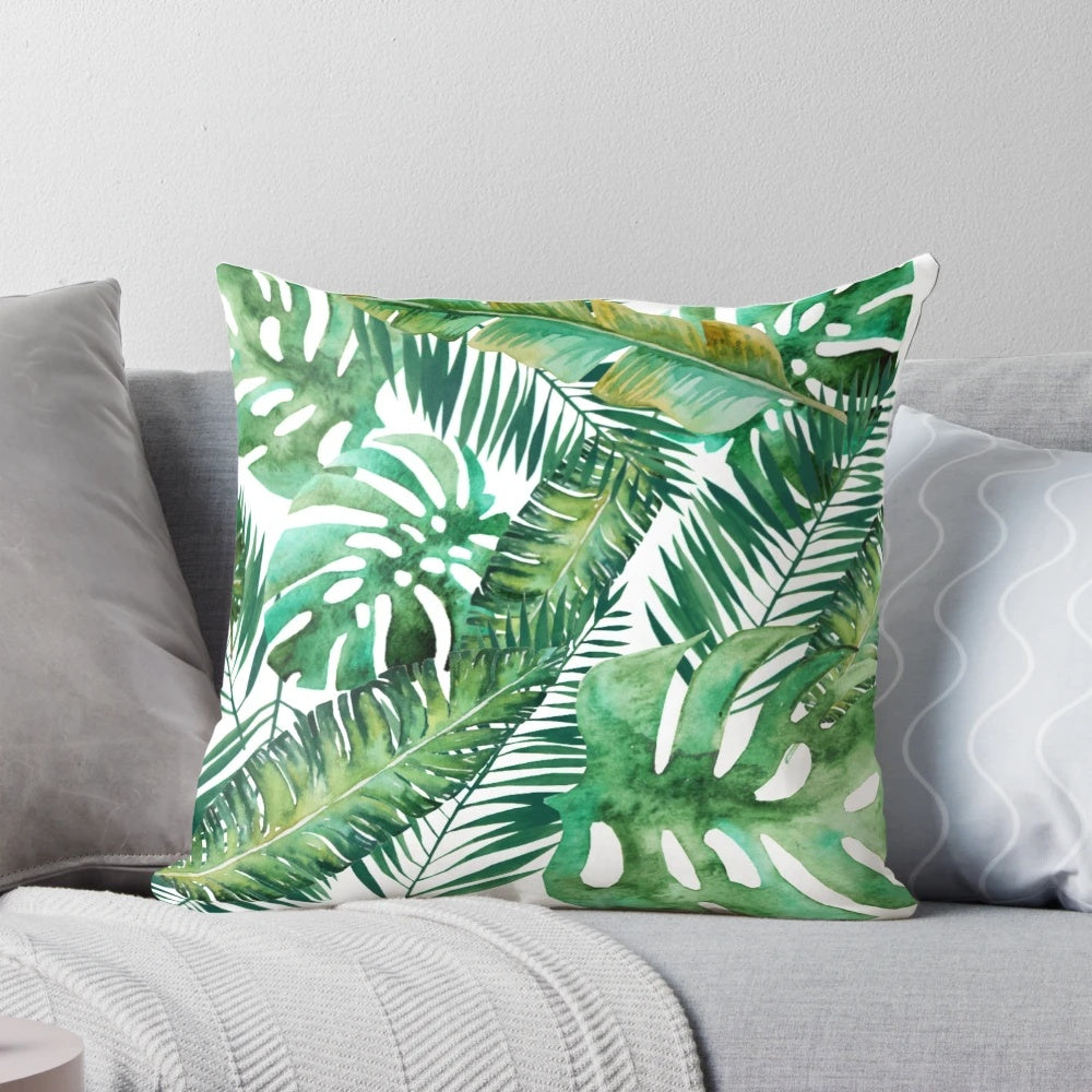 Tropical Monstera and Palm Leaf Pillow for Botanical Home Decor