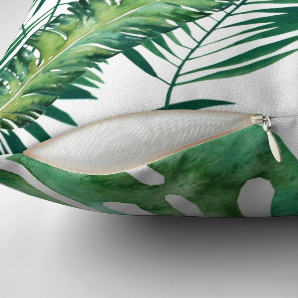 Tropical Monstera and Palm Leaf Pillow for Botanical Home Decor