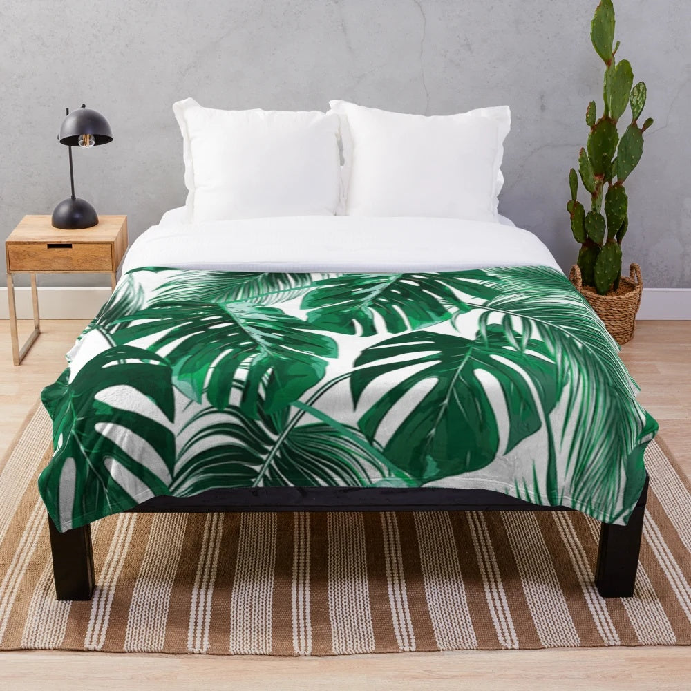 Tropical leaves plush blanket with palm tree leaf design