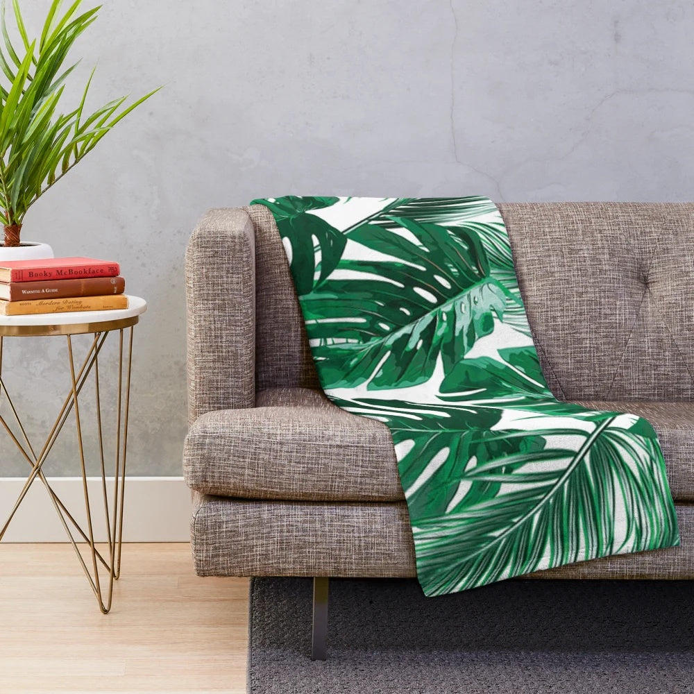 Tropical leaves plush blanket with palm tree leaf design