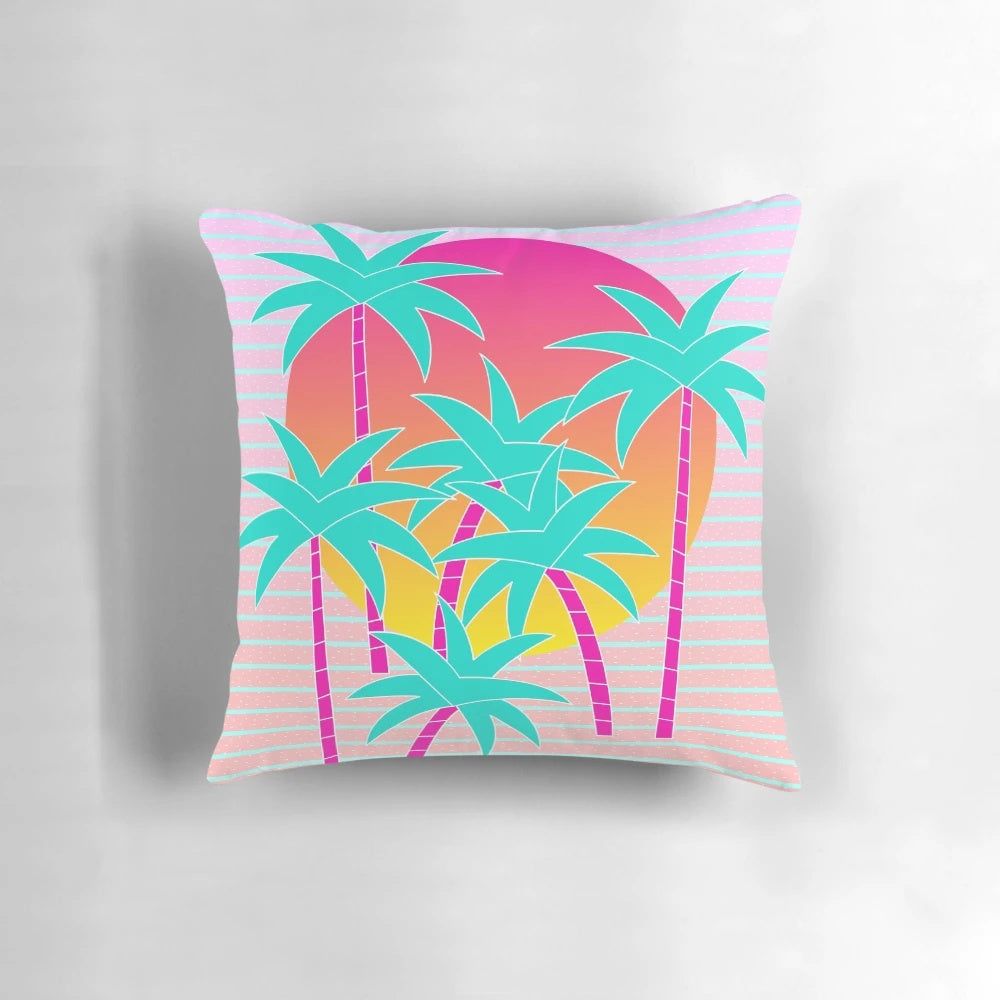 Tropical Miami sunset pillow with palm trees, memphis design, and retro 80s 90s colors