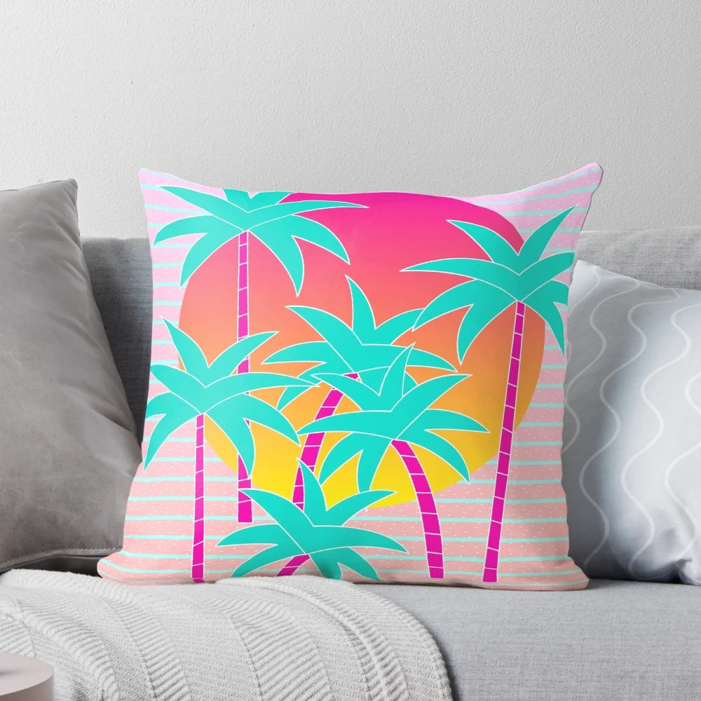 Tropical Miami sunset pillow with palm trees, memphis design, and retro 80s 90s colors
