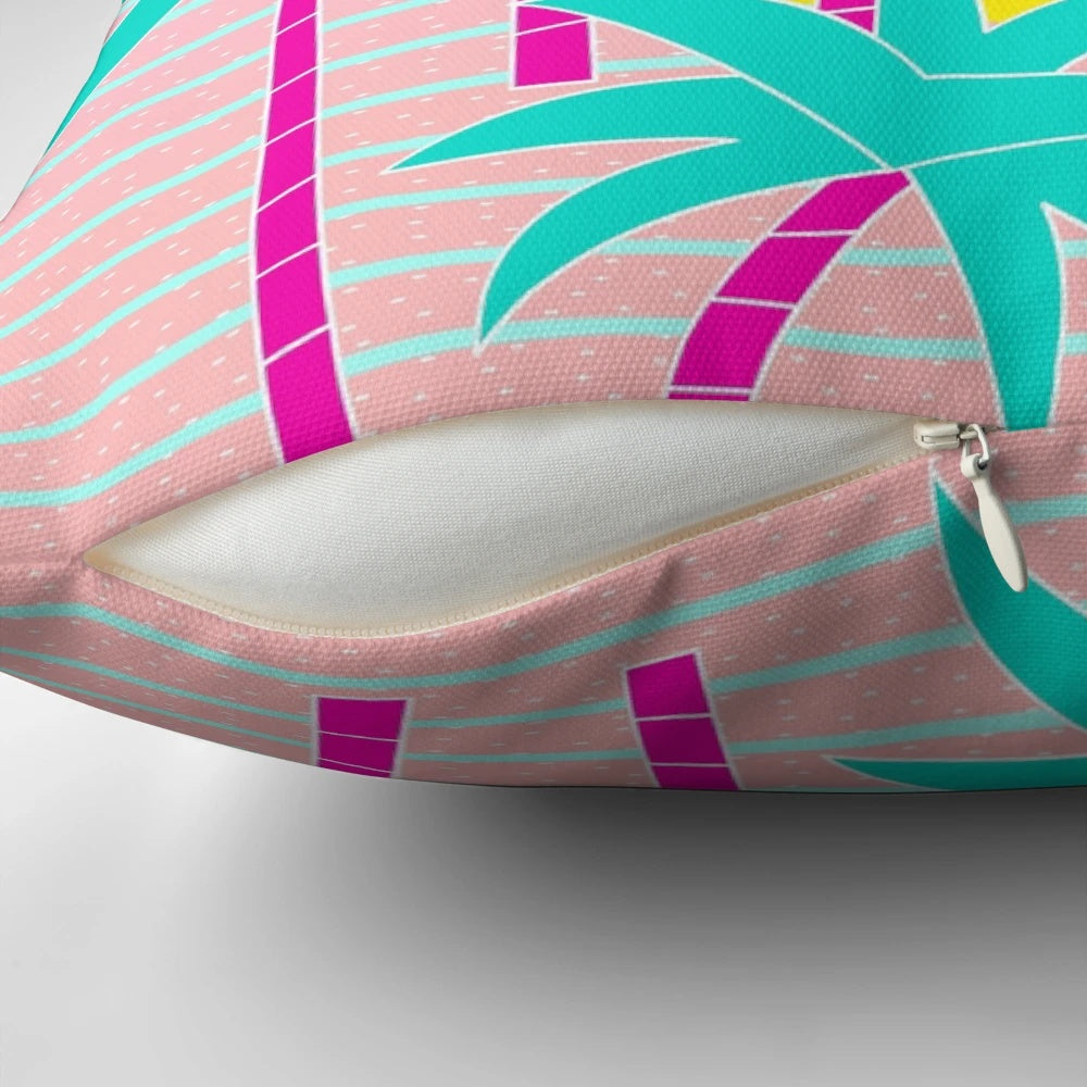Tropical Miami sunset pillow with palm trees, memphis design, and retro 80s 90s colors
