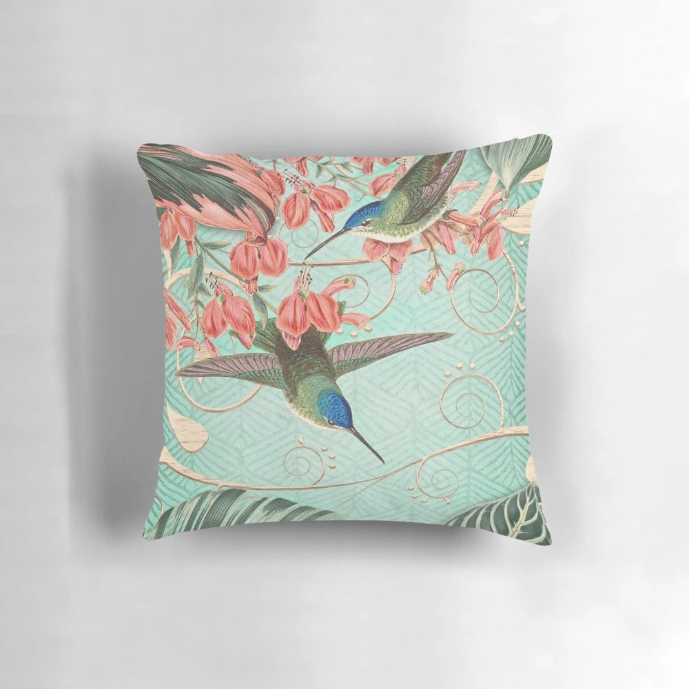 Tropical mint and coral colored collage print throw pillow with vintage inspired floral and spiral patterns
