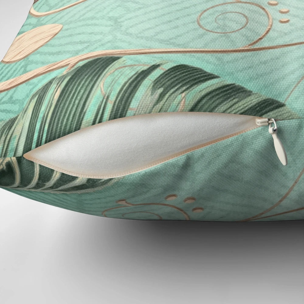 Tropical mint and coral colored collage print throw pillow with vintage inspired floral and spiral patterns