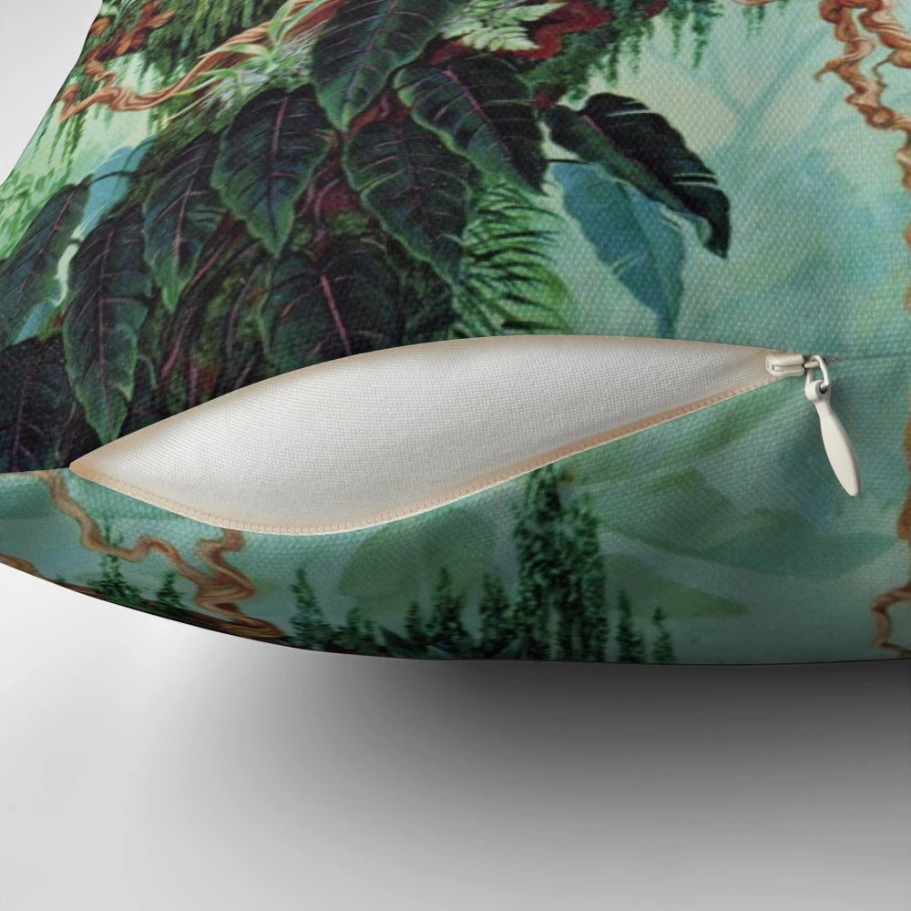 Vibrant monkey-themed pillow with tropical jungle design by artist Jan Betts