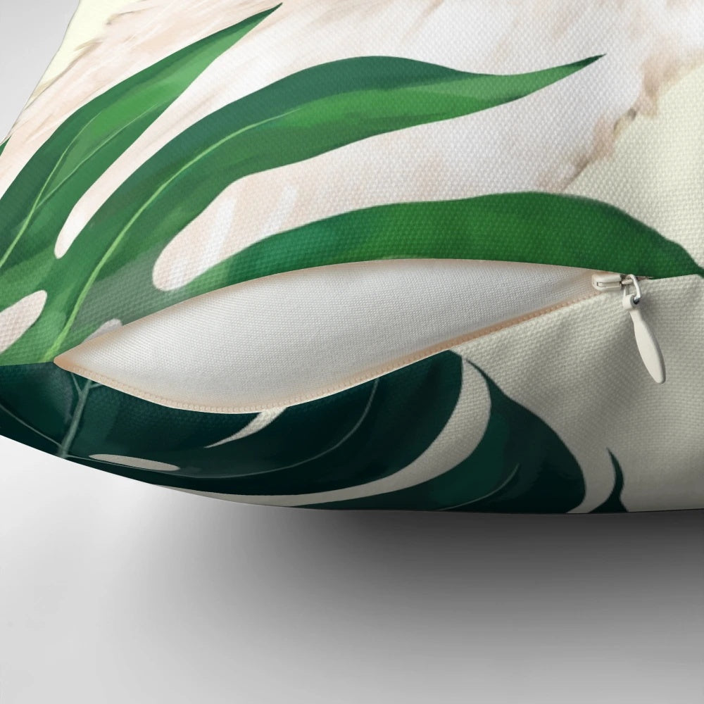 A plush, square accent pillow featuring a tropical monstera leaf design and a playful llama meme print.