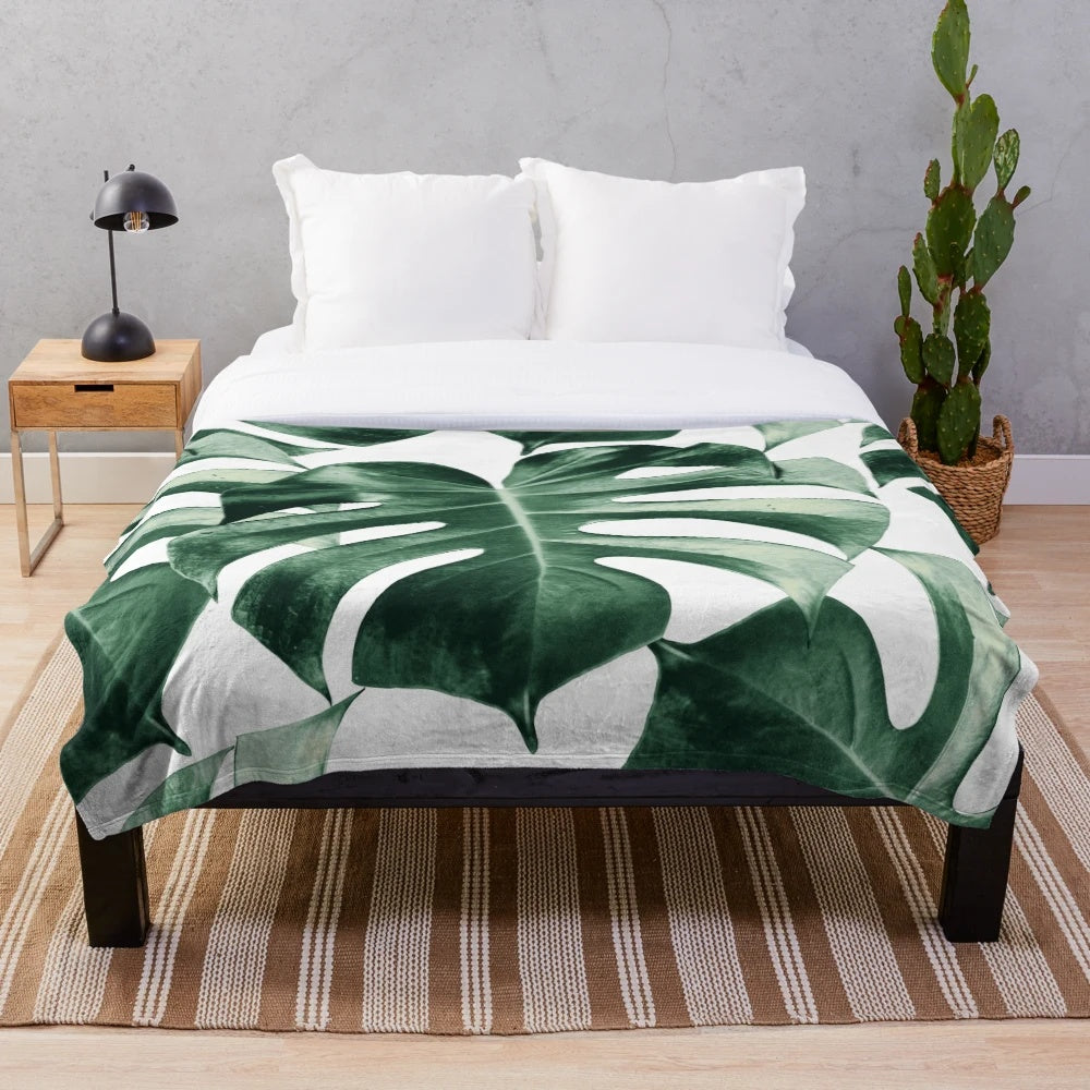 Tropical monstera leaves plush blanket with botanical foliage pattern