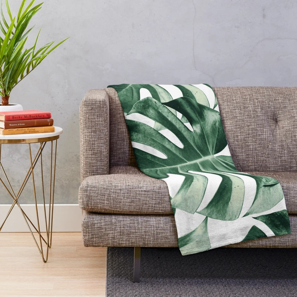Tropical monstera leaves plush blanket with botanical foliage pattern