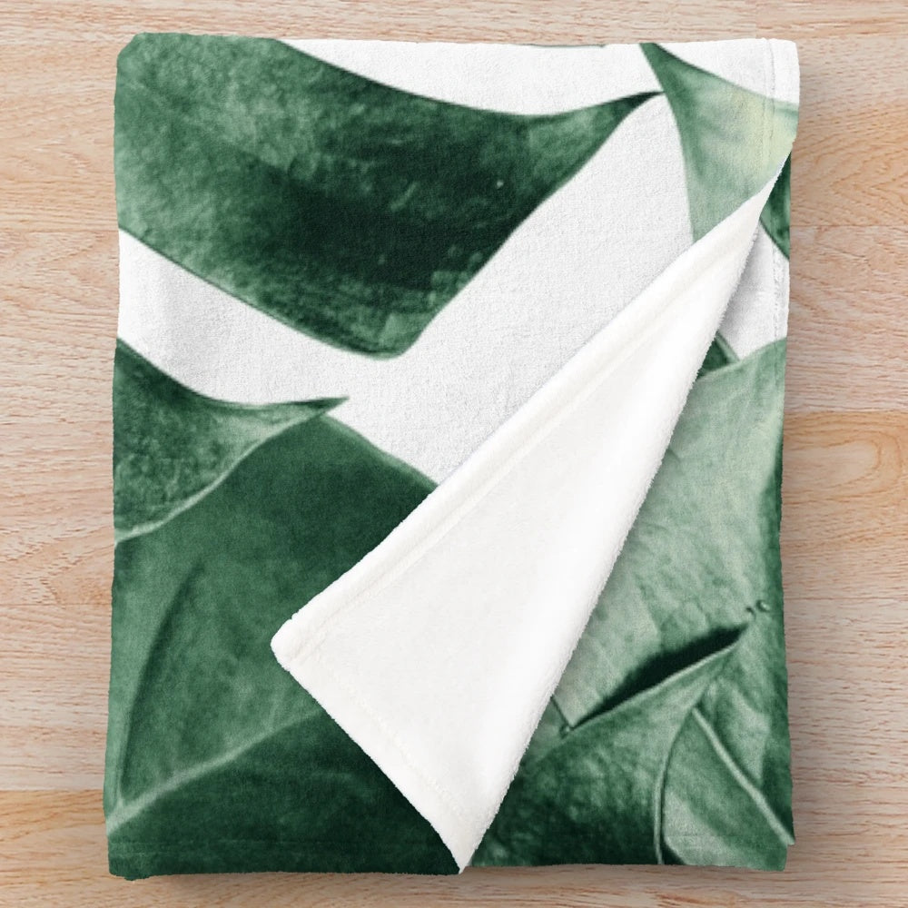Tropical monstera leaves plush blanket with botanical foliage pattern