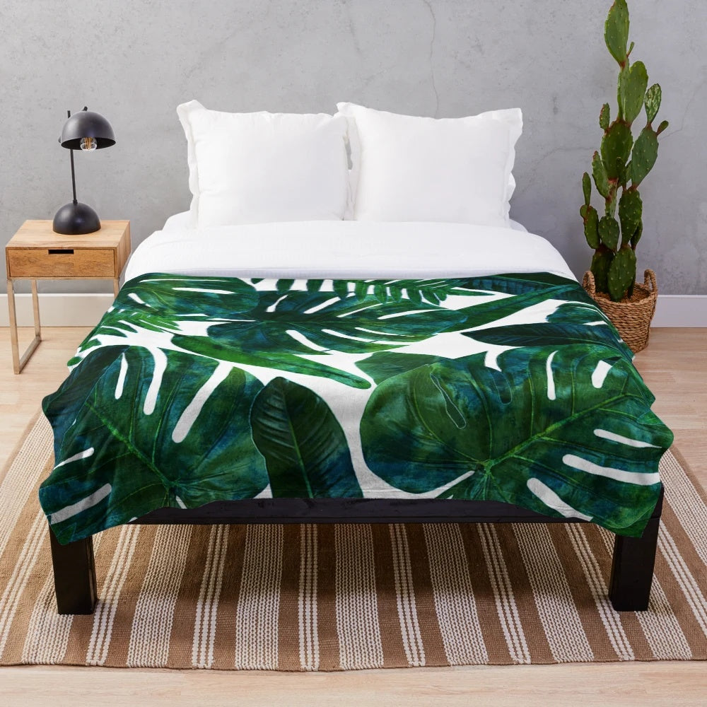 Tropical Monstera Watercolor Plush Blanket with Botanical Jungle Illustration