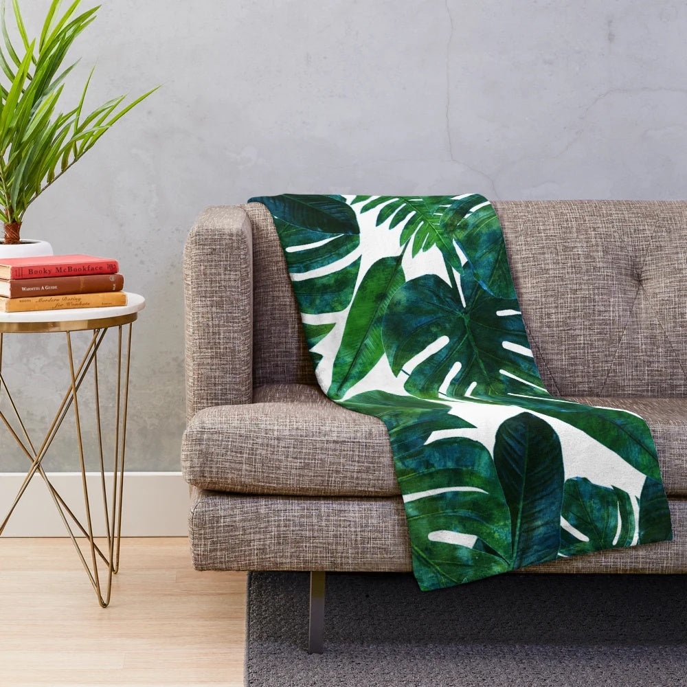 Tropical Monstera Watercolor Plush Blanket with Botanical Jungle Illustration