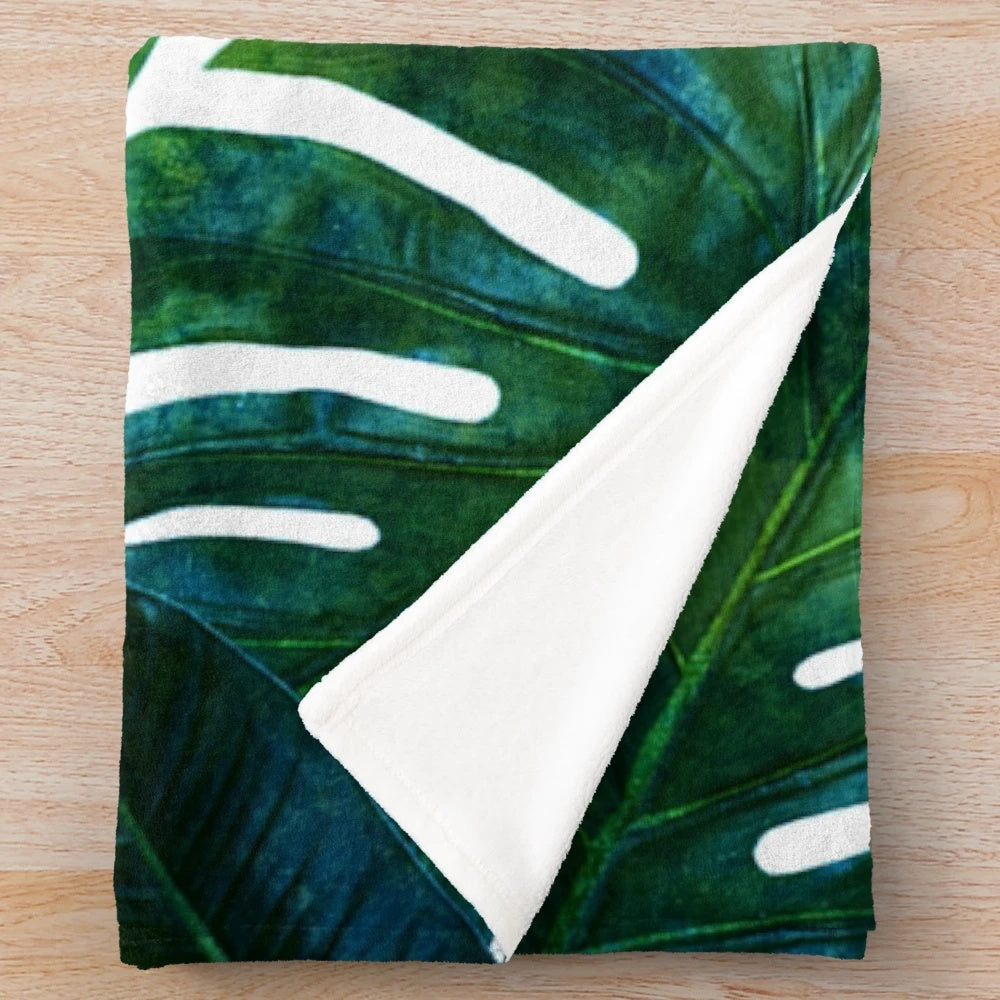Tropical Monstera Watercolor Plush Blanket with Botanical Jungle Illustration