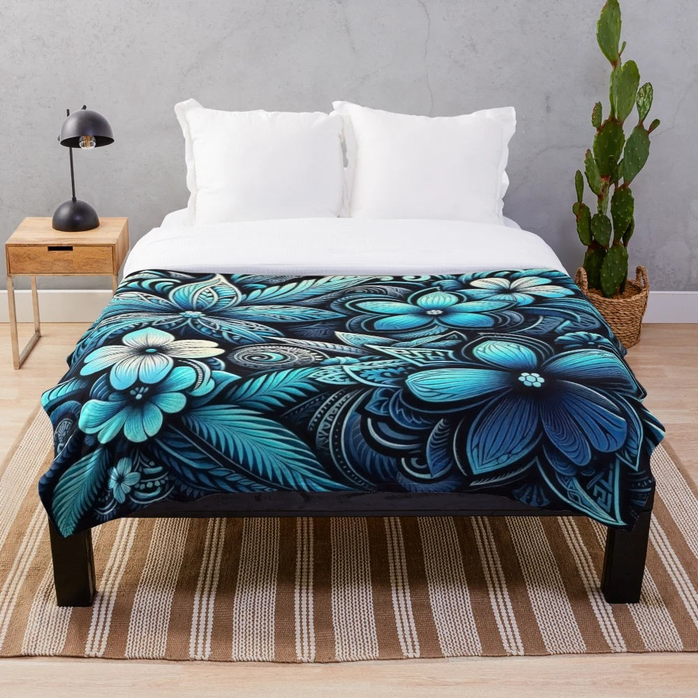 Plush blanket with polynesian-inspired floral and oceanic design