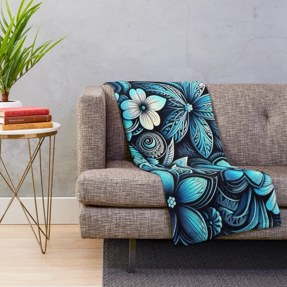 Plush blanket with polynesian-inspired floral and oceanic design