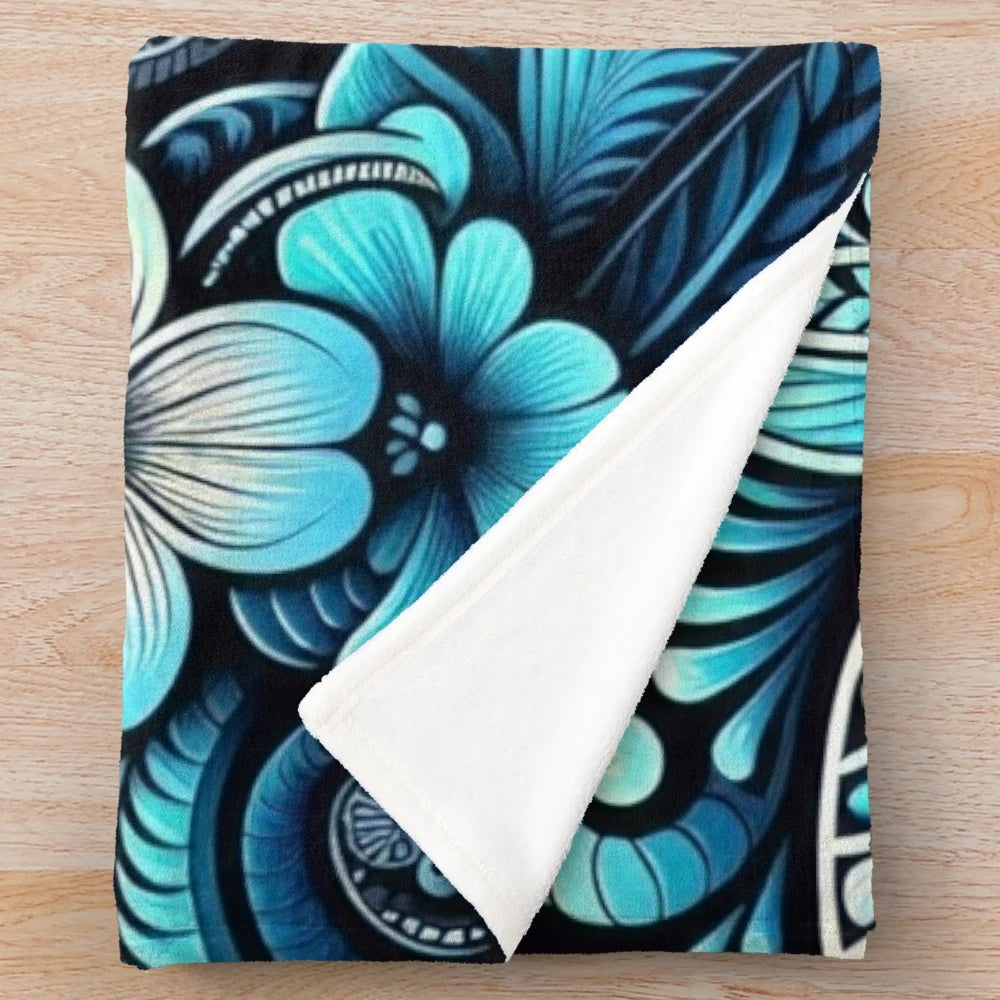 Plush blanket with polynesian-inspired floral and oceanic design