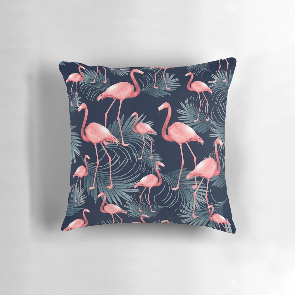 Colorful tropical palm and flamingo design decorative pillow