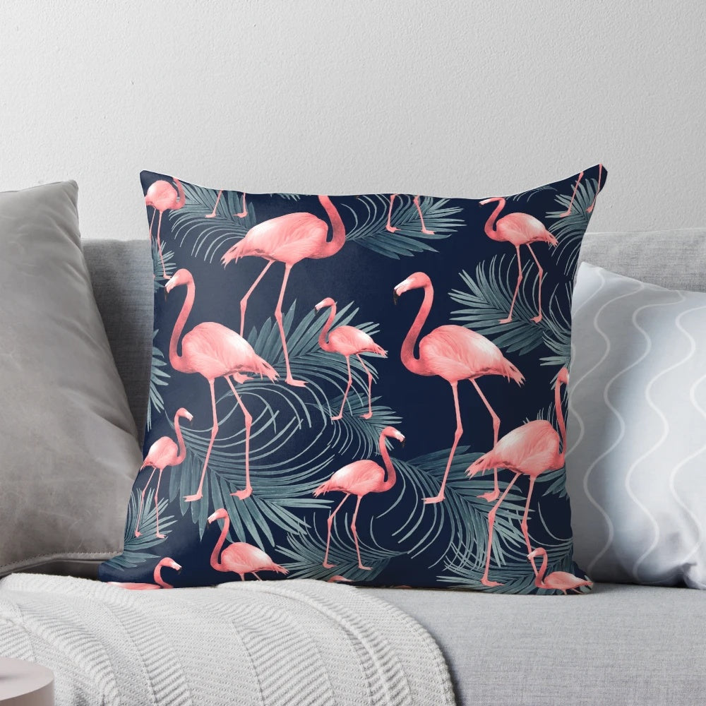 Colorful tropical palm and flamingo design decorative pillow