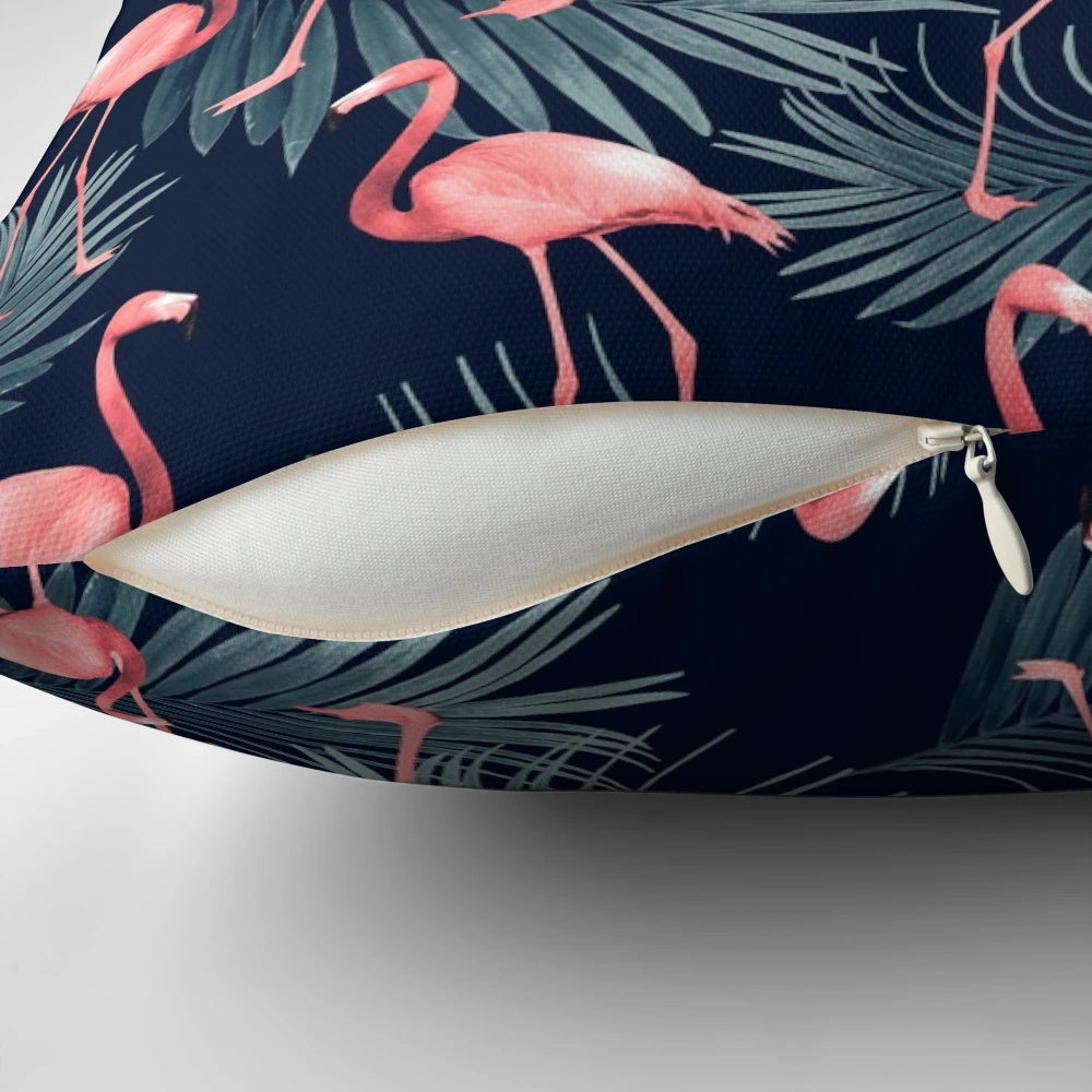 Colorful tropical palm and flamingo design decorative pillow