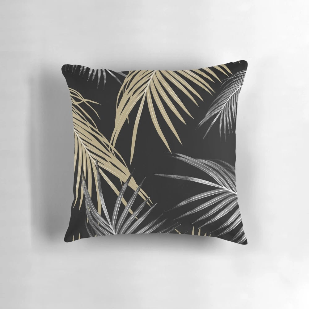 Vibrant digital art print featuring a collage of gold and gray palm leaves against a dark background.