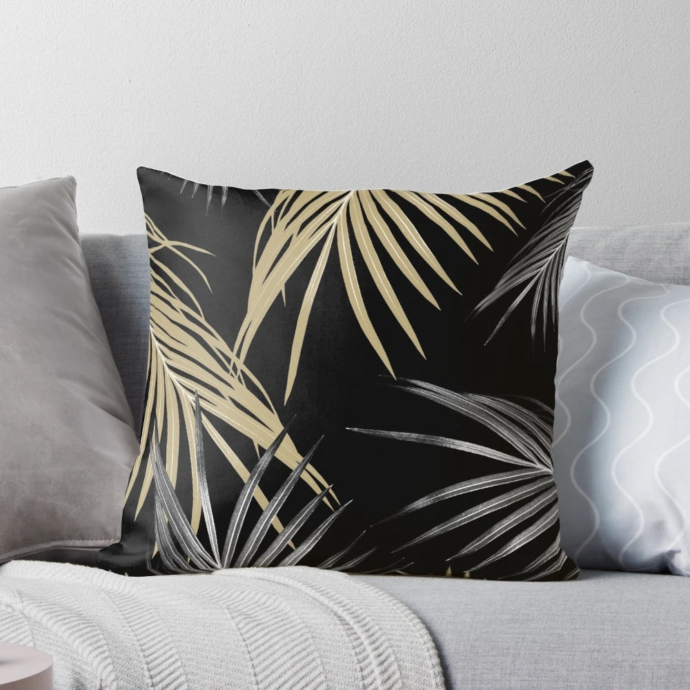 Vibrant digital art print featuring a collage of gold and gray palm leaves against a dark background.
