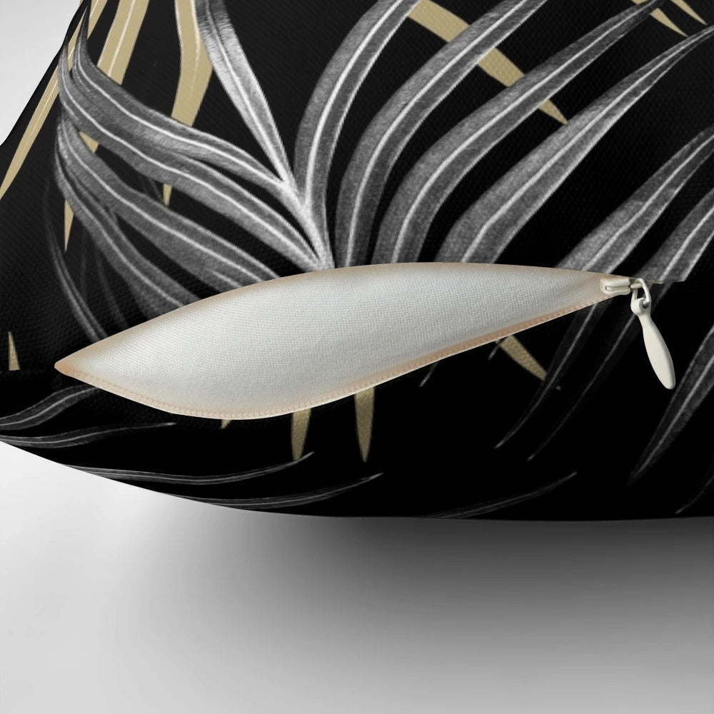 Vibrant digital art print featuring a collage of gold and gray palm leaves against a dark background.