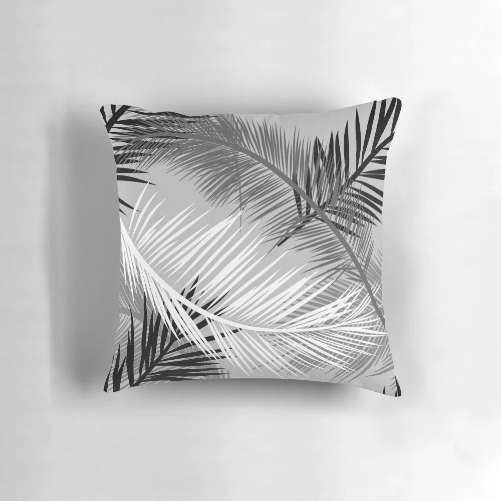 Gray and white palm leaf print decorative throw pillow