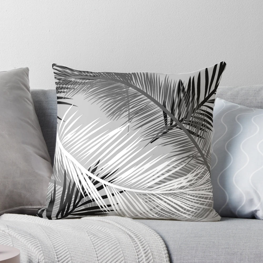 Gray and white palm leaf print decorative throw pillow