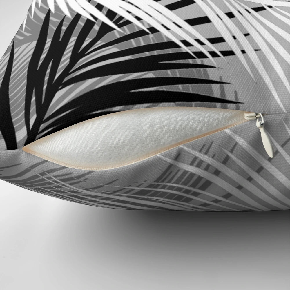 Gray and white palm leaf print decorative throw pillow