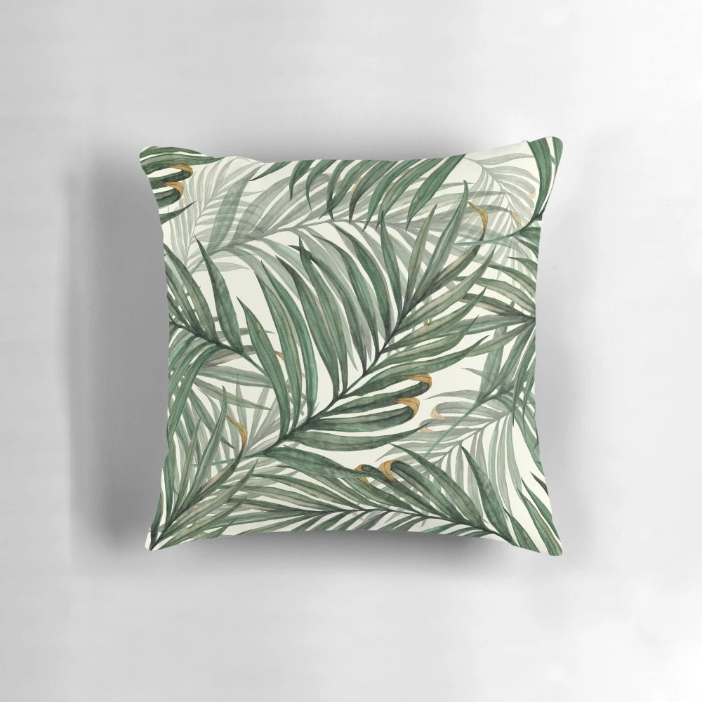 Vibrant green tropical palm leaf pillow, perfect for adding a touch of Hawaii-inspired style to your home.