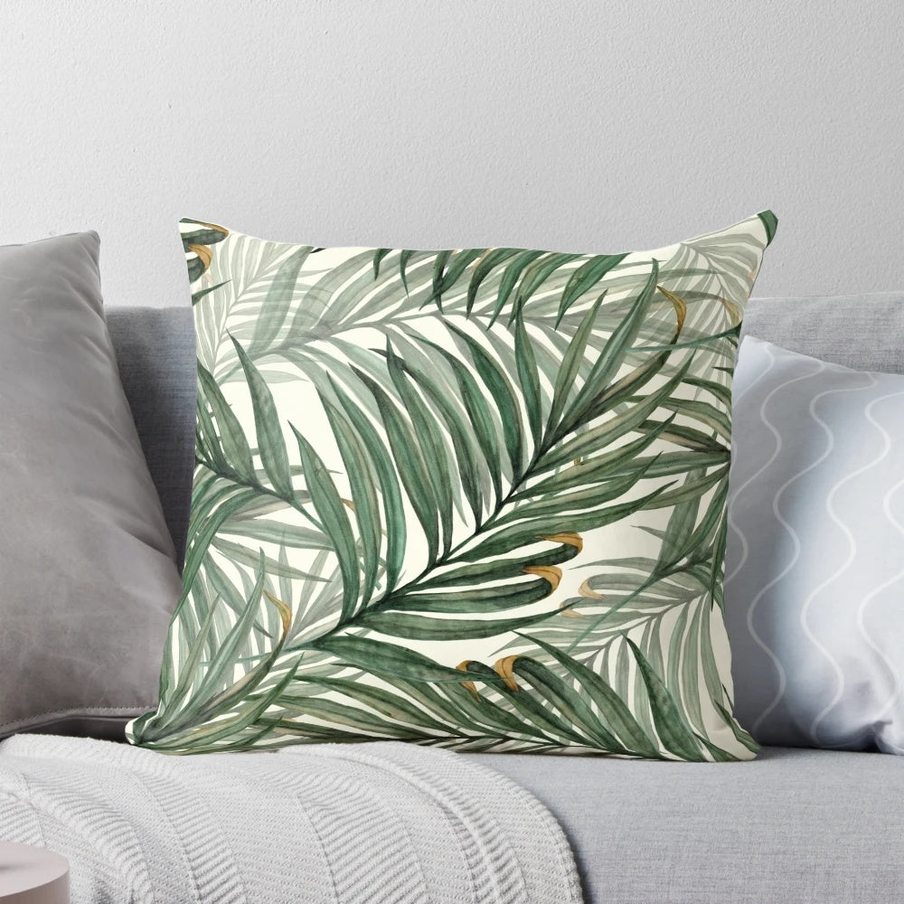 Vibrant green tropical palm leaf pillow, perfect for adding a touch of Hawaii-inspired style to your home.