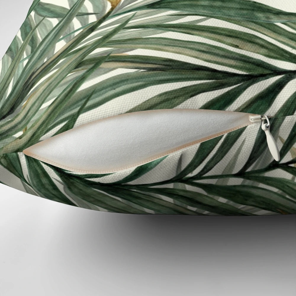 Vibrant green tropical palm leaf pillow, perfect for adding a touch of Hawaii-inspired style to your home.