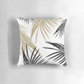 A digital artwork featuring a collage of tropical palm leaves in black, white, and gold tones.