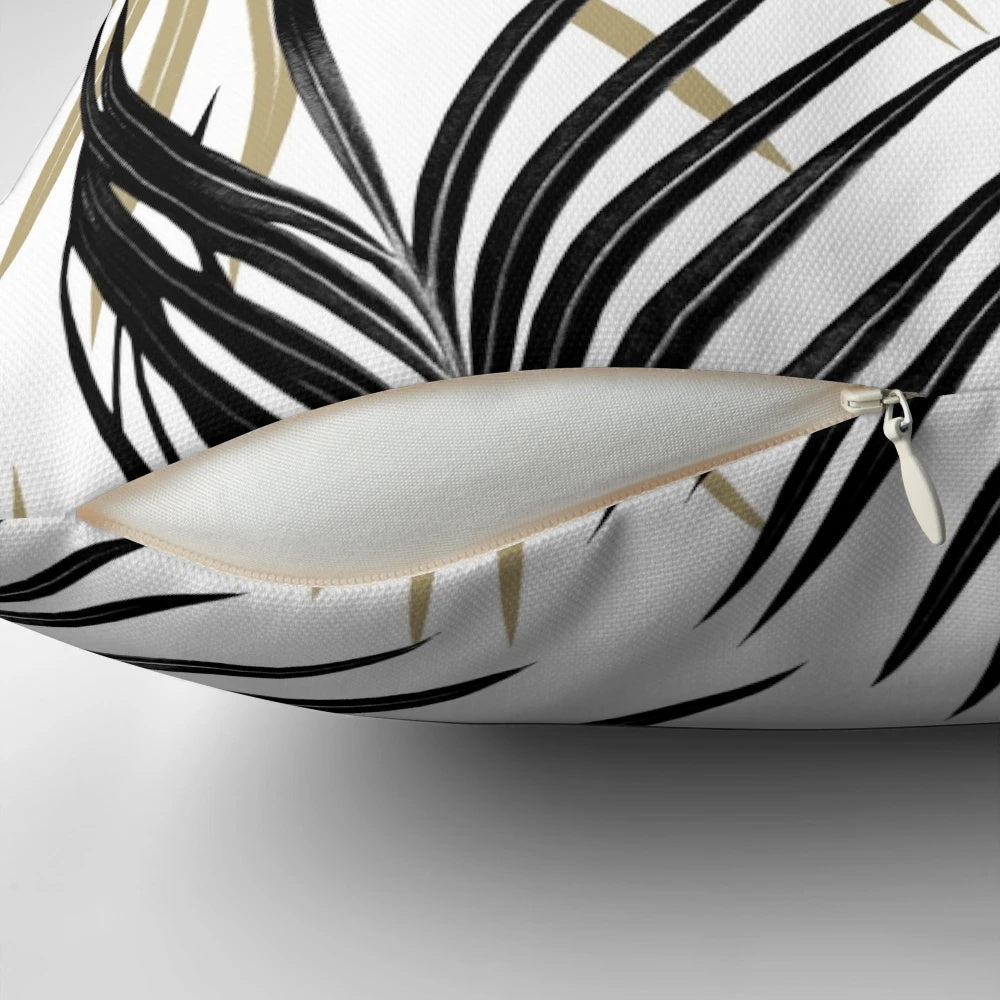 A digital artwork featuring a collage of tropical palm leaves in black, white, and gold tones.