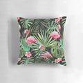 Decorative pillow with a tropical palm leaves and flamingo pattern design