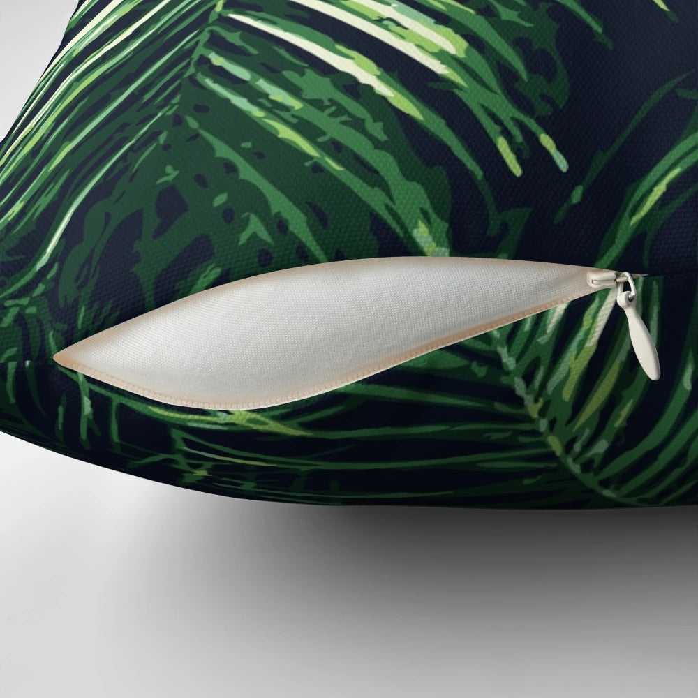 Tropical palm leaves pillow with watercolor freehand design