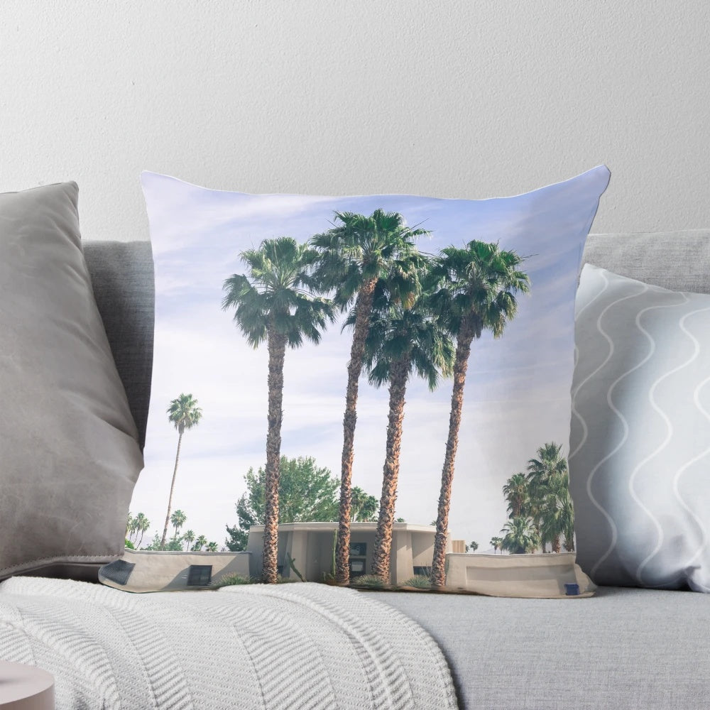 Vibrant palm tree pattern on a plush, high-quality pillow for your home or outdoor space.