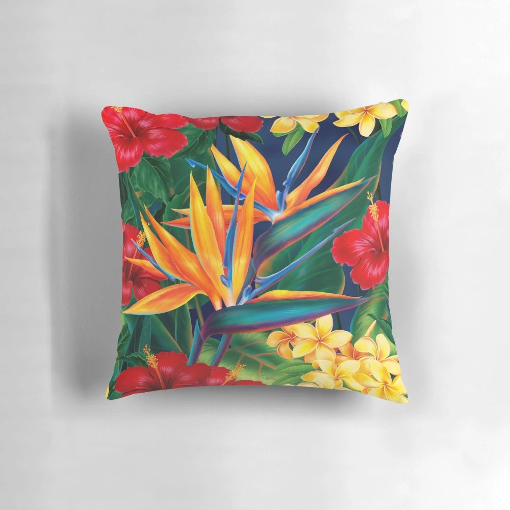 Tropical paradise pillow with vibrant hawaiian birds of paradise floral illustration