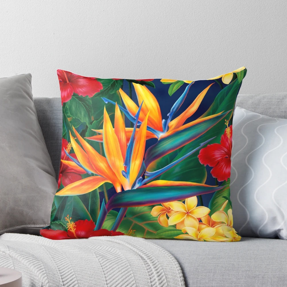 Tropical paradise pillow with vibrant hawaiian birds of paradise floral illustration