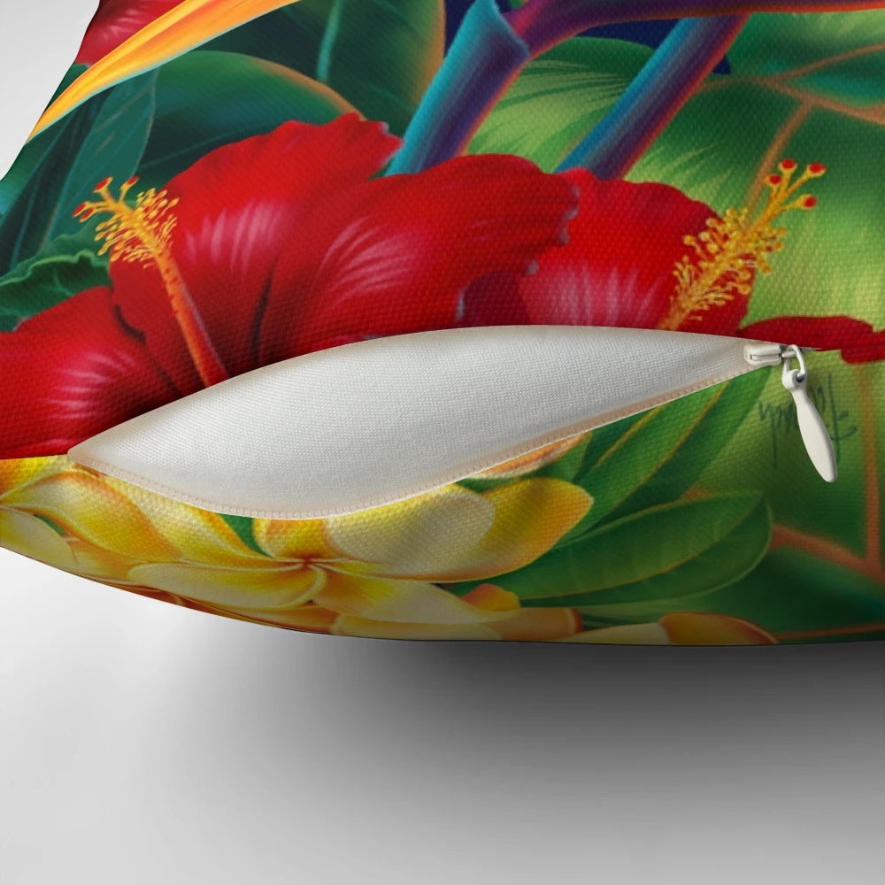 Tropical paradise pillow with vibrant hawaiian birds of paradise floral illustration