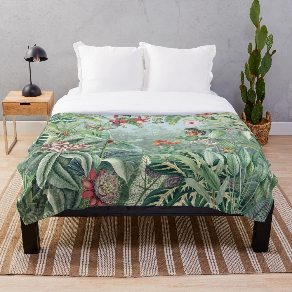 Tropical paradise plush blanket with vibrant floral and botanical design