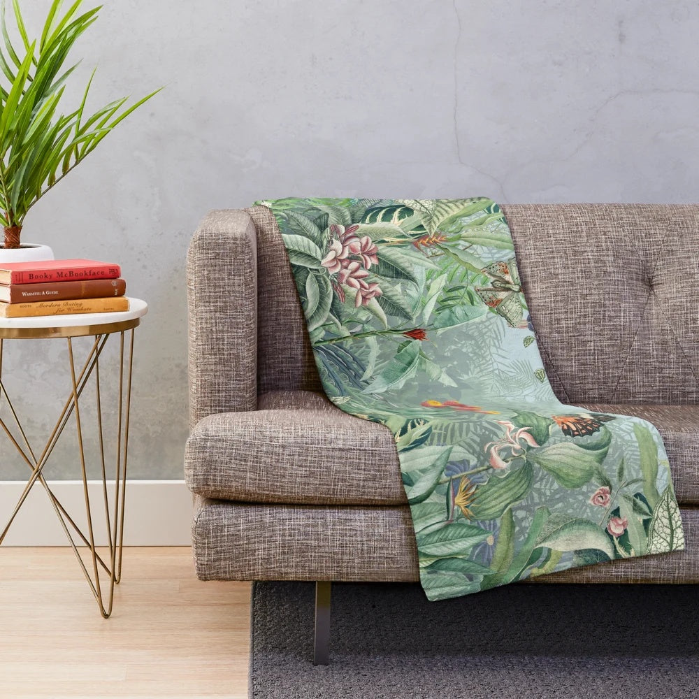 Tropical paradise plush blanket with vibrant floral and botanical design