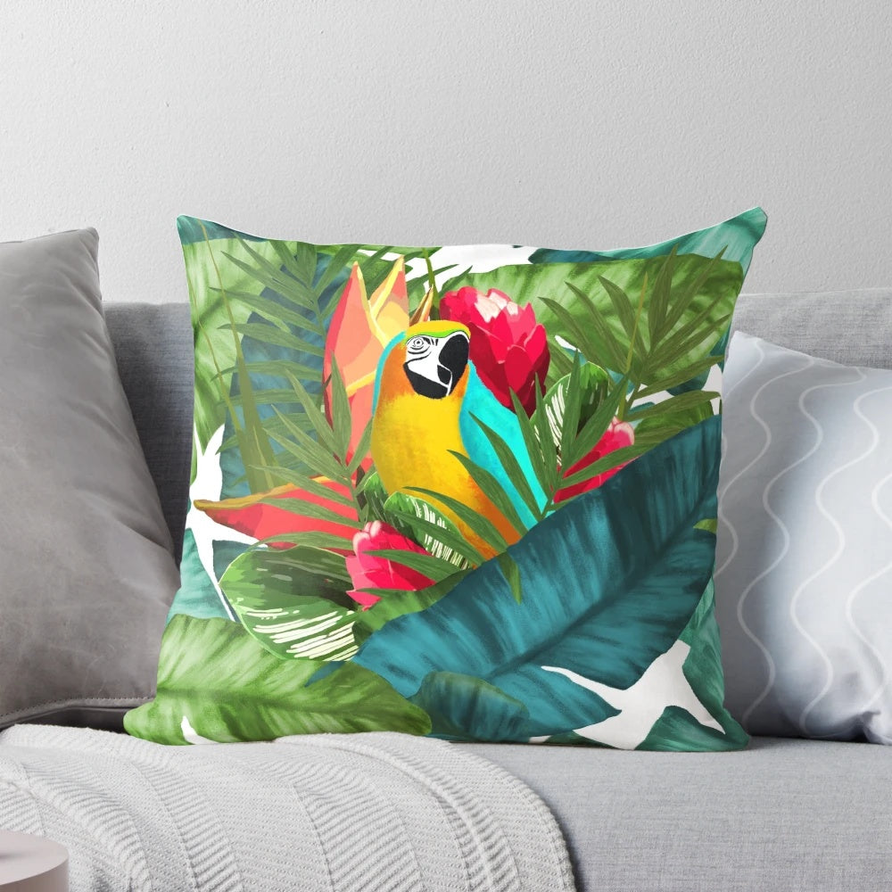 Vibrant tropical parrot design with banana leaves on a pillow