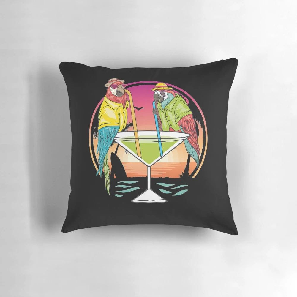 Colorful parrots enjoying margaritas on a tropical vacation-themed pillow