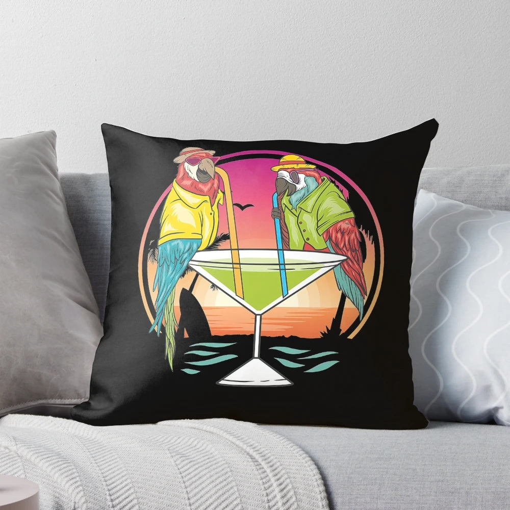 Colorful parrots enjoying margaritas on a tropical vacation-themed pillow